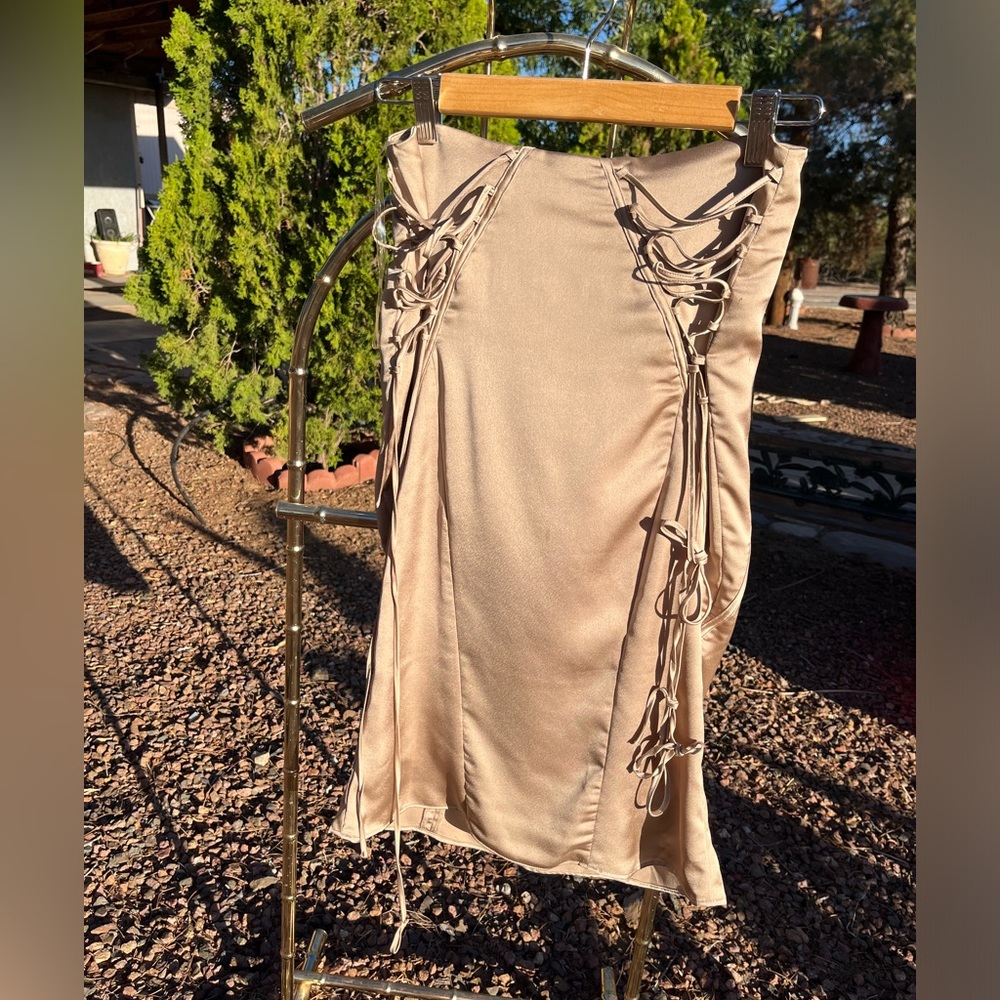 House of Cb Sidonie Latte Satin Lace Up Midi Skirt